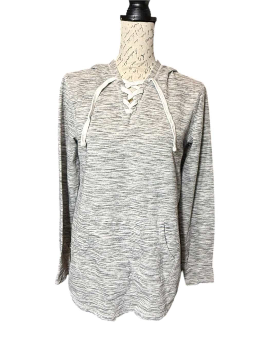 So Lace-Up Hoodie Sweatshirt Tunic in Soft Grey & White Size M